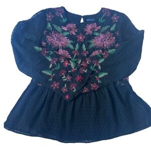 American Eagle Embroidered Floral Peplum Blouse Women’s Medium Black Sheer Top